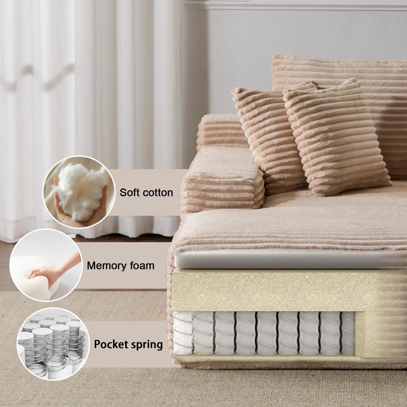 Compressed Sofa Oversized Chaise Lounge Chair with 3 Throw Pillows and Wide Armrest, Modular Sofas for Small Spaces Sleeper Sofa Daybed with Corduroy Fabric, 66'' L x 47'' W x 24'' H, Beige