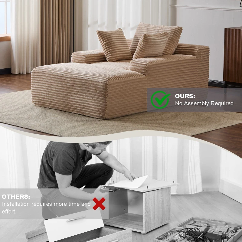 Compressed Sofa Oversized Chaise Lounge Chair with 3 Throw Pillows and Wide Armrest, Modular Sofas for Small Spaces Sleeper Sofa Daybed with Corduroy Fabric, 66'' L x 47'' W x 24'' H, Beige