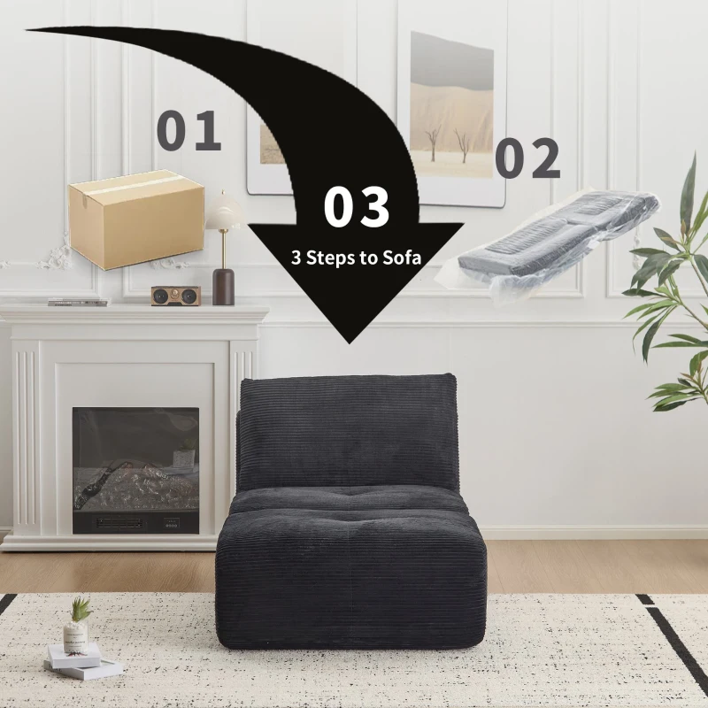 Compressed Sofa Modern Memory Foam with Movable Ottoman, Corduroy Fabric, Modular Sofas for Small Spaces Single Chaise Longue for Apartments, 71" L x 36" W x 28.5" H, Black