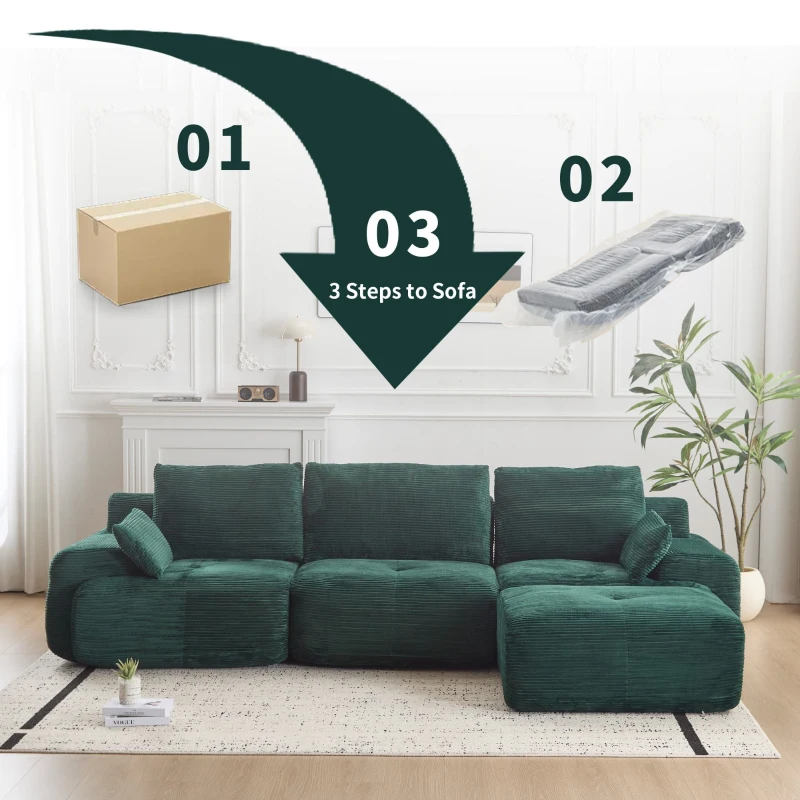 Compressed Sofa Modern Memory Foam Sectional, Pet-Friendly Corduroy Couch, Extra Deep Loveseat for Apartments, 120" L x 71" W x 28.5" H, Green