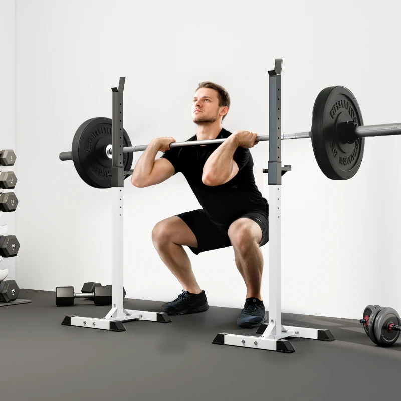 Soozier Adjustable Barbell Rack Stable Power Squat Stand Portable 2 Bars Barbell Holder Weight Rack, Black and White