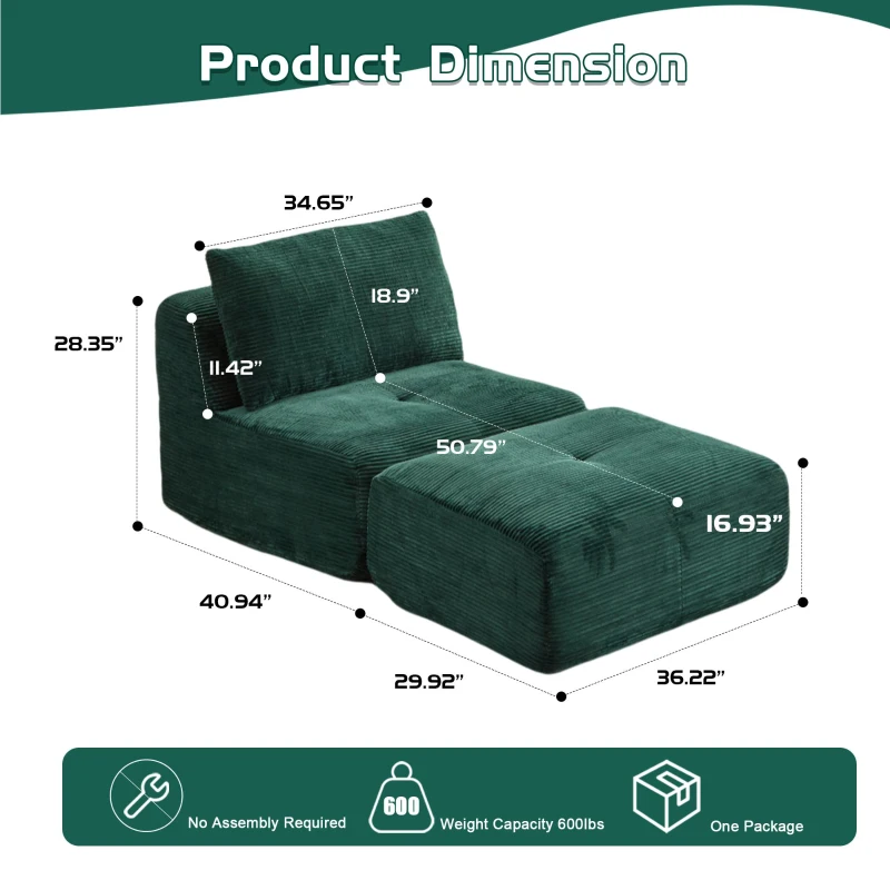 Compressed Sofa Modern Memory Foam Sectional with Pet-Friendly Corduroy Fabric, Modular Sofas for Small Spaces Single Chaise Longue for Apartments, 71" L x 36" W x 28.5" H, Green