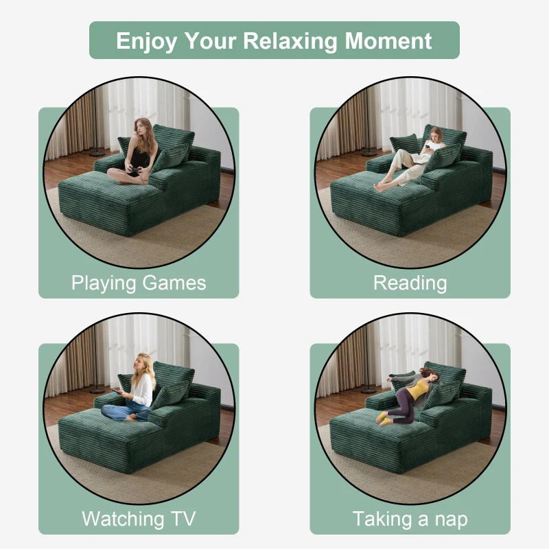 Compressed Sofa Oversized Chaise Lounge Chair with 3 Throw Pillows and Wide Armrest, Modular Sofas for Small Spaces Sleeper Sofa Daybed with Corduroy Fabric, 66'' L x 47'' W x 24'' H, Green