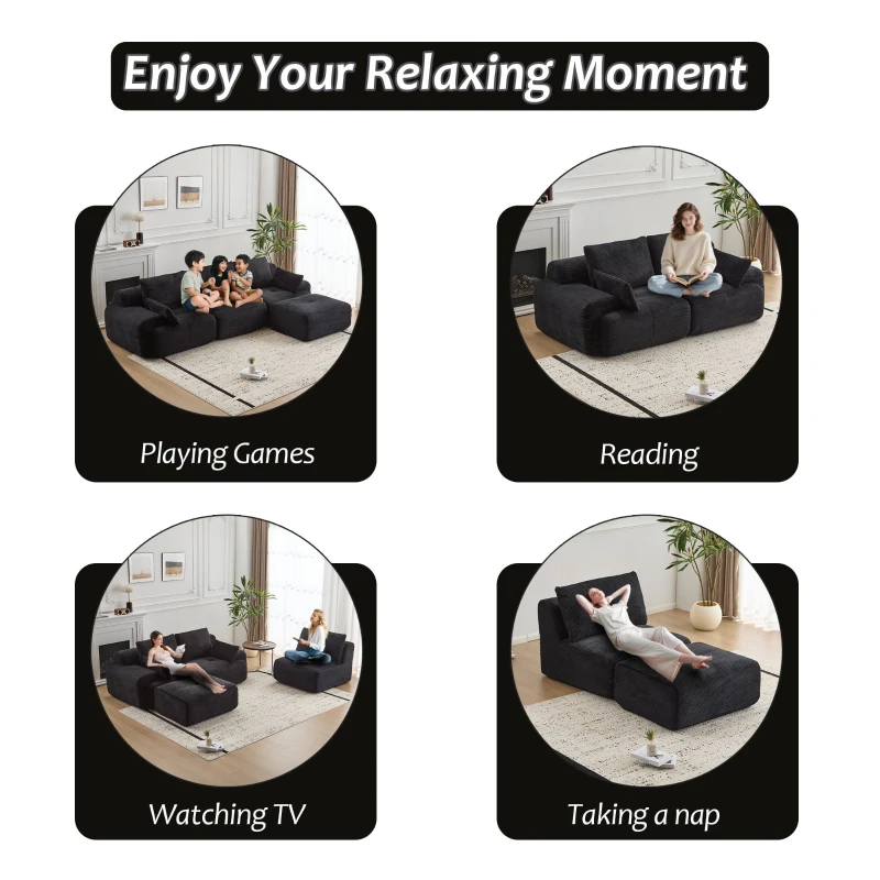 Compressed Sofa Modern Memory Foam Sectional, Pet-Friendly Corduroy Couch, Extra Deep Loveseat for Apartments, 120" L x 71" W x 28.5" H, Black