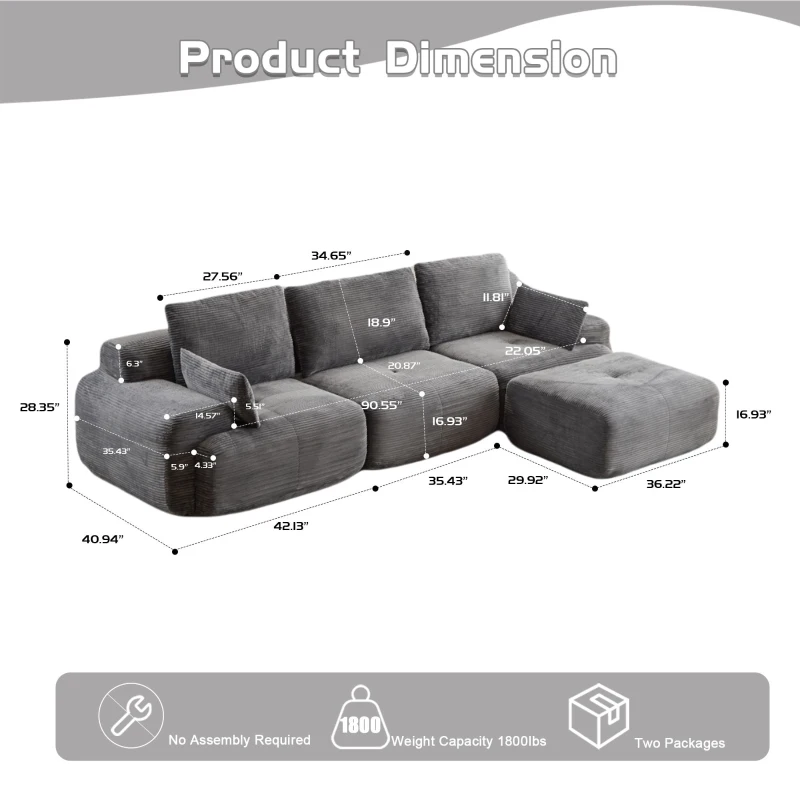 Compressed Sofa Modern Memory Foam Sectional, Pet-Friendly Corduroy Couch, Extra Deep Loveseat for Living Room, 120" L x 71" W x 28.5" H, Grey