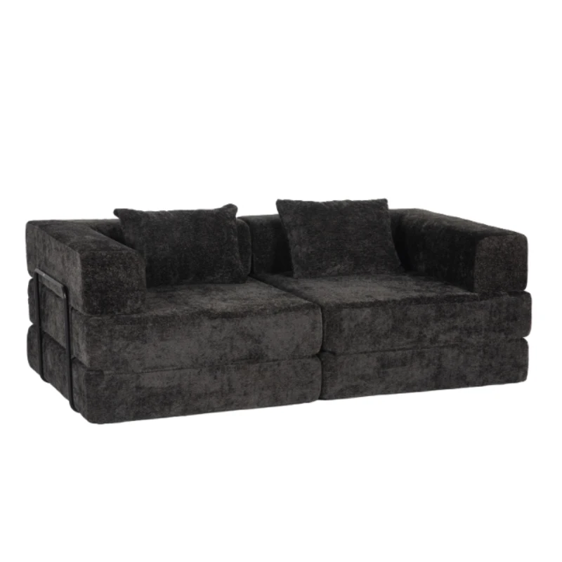 Convertible Sofa Bed Floor Sofa with Fixed-Shape Frame, Chenille Fabric Loveseat Modular Sectional for Apartments, Compressed Sofa 79" L x 39.5" W x 25" H, Black