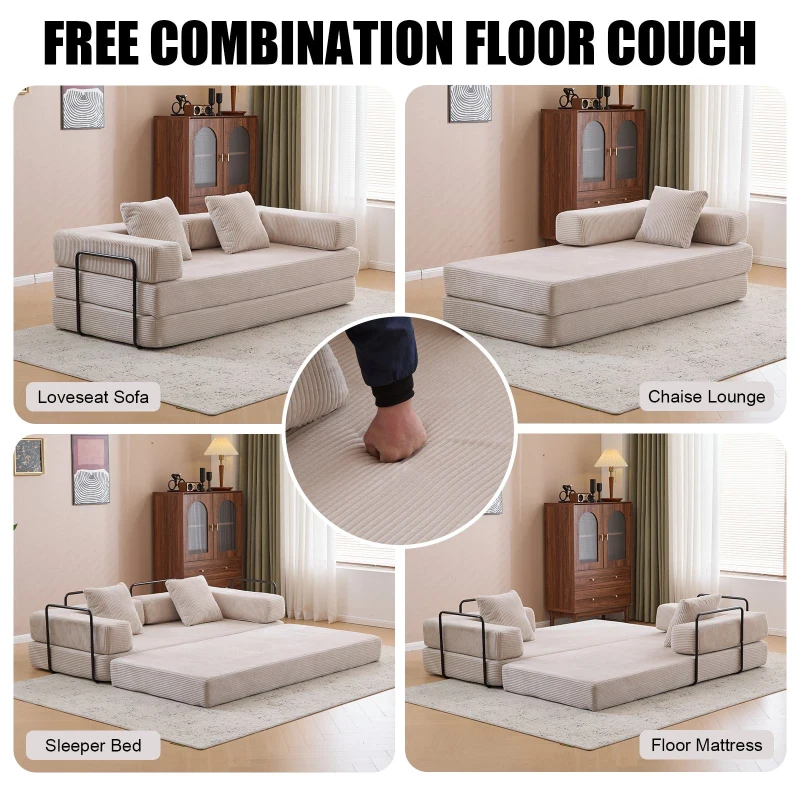 Apartment Sofa Convertible Floor Sofa Bed with Pillow Back Support and Armrest, Compressed Sofa Lounge Sleeper with Corduroy Fabric, 77'' L x 37.5'' W x 23.5'' H, Light Grey