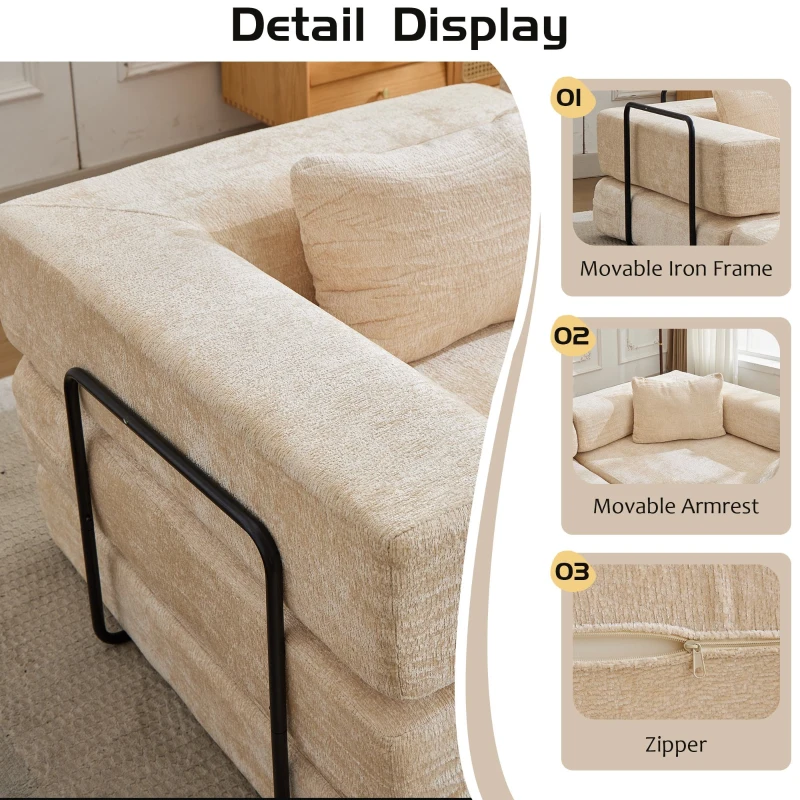 Convertible Sofa Bed Floor Sofa with Fixed-Shape Frame and Chenille Fabric, Compressed Sofa for Living Room, 79" L x 39.5" W x 25" H, Beige
