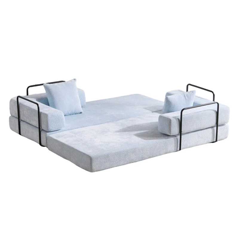 Foldable Sofa Bed Convertible Floor Sofa with Pillow Back Support and Armrest, Compressed Sofa Lounge Sleeper with Chenille Fabric, 77'' L x 37.5'' W x 23.5'' H, Light Blue