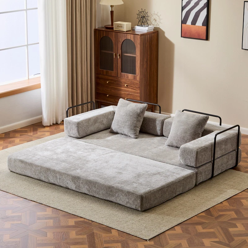 Apartment Sofa Convertible Floor Sofa Bed with Pillow Back Support and Armrest, Compressed Sofa Lounge Sleeper with Chenille Fabric, 77'' L x 37.5'' W x 23.5'' H, Light Grey