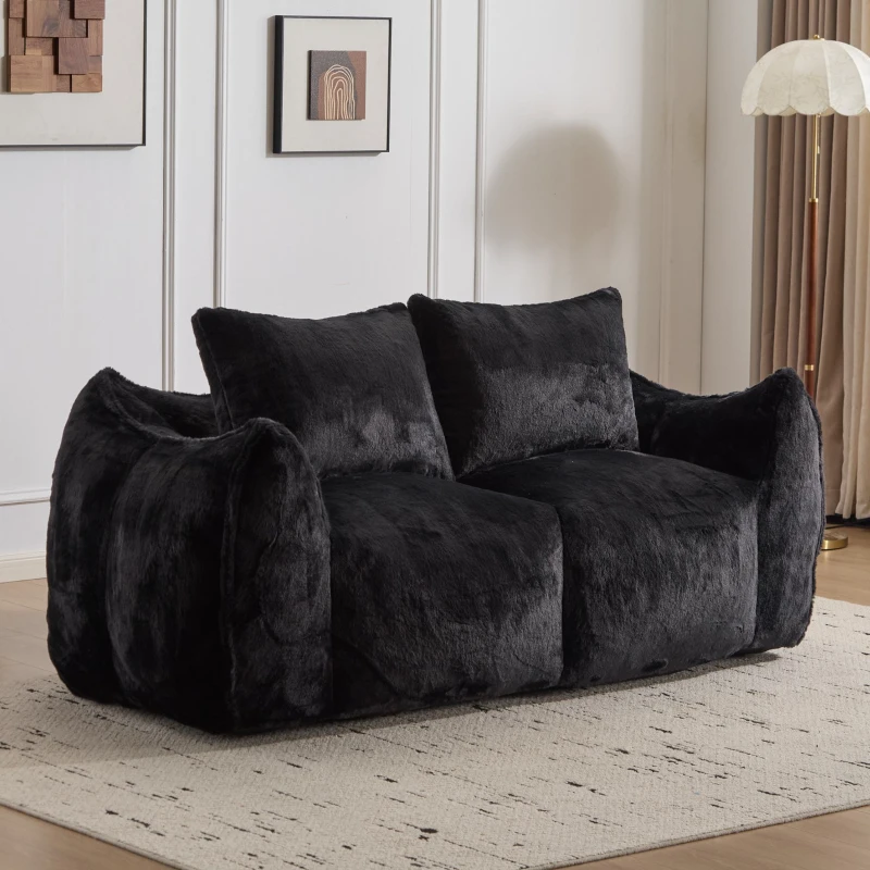 Giant Bean Bag Couch with High-Density Foam and Faux Fur Fabric, Ultra Soft Fluffy Loveseat for Adults, 75" L x 42.5" W x 28.5" H, Black