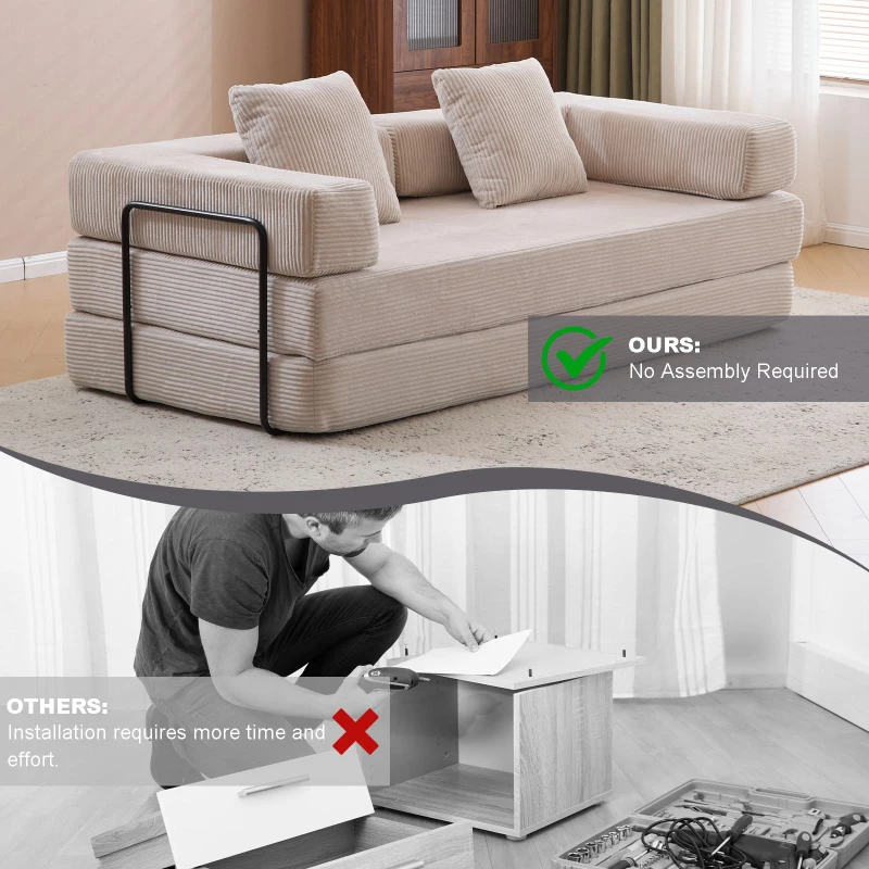 Apartment Sofa Convertible Floor Sofa Bed with Pillow Back Support and Armrest, Compressed Sofa Lounge Sleeper with Corduroy Fabric, 77'' L x 37.5'' W x 23.5'' H, Light Grey