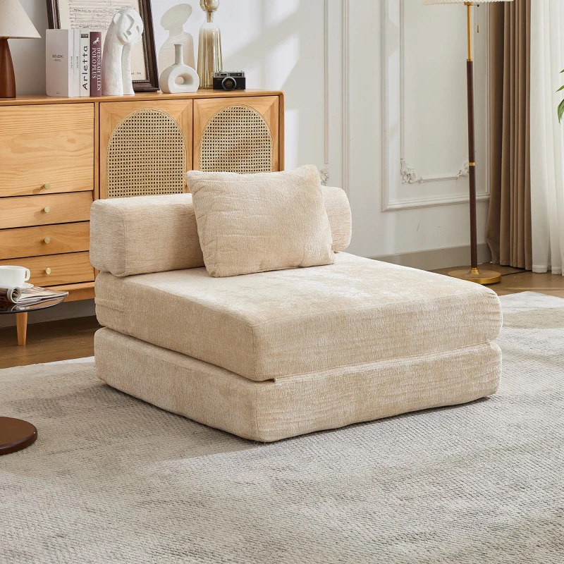 Single Seater Modular Sectional Sofa with Chenille Fabric, Convertible Floor Sofa Bed with Fixed-Shape Frame, 39.5" L x 39.5" W x 25" H, Beige