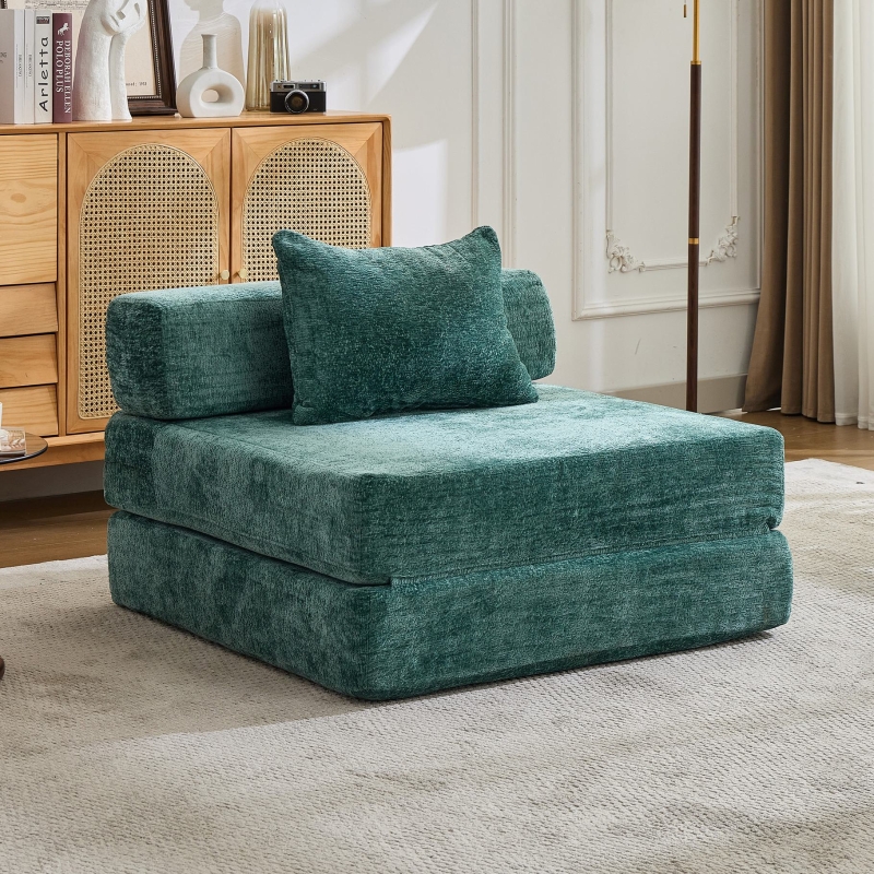 Convertible Floor Sofa Bed with Fixed-Shape Frame, Dark Green 