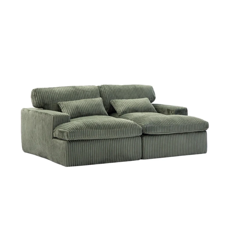 Deep Seat Sofa Double Chaise Lounge Chair with Corduroy Fabric, Compressed Sofa Sectional Loveseat for Apartments, 82.5'' L x 57'' W x 23.5'' H, Green