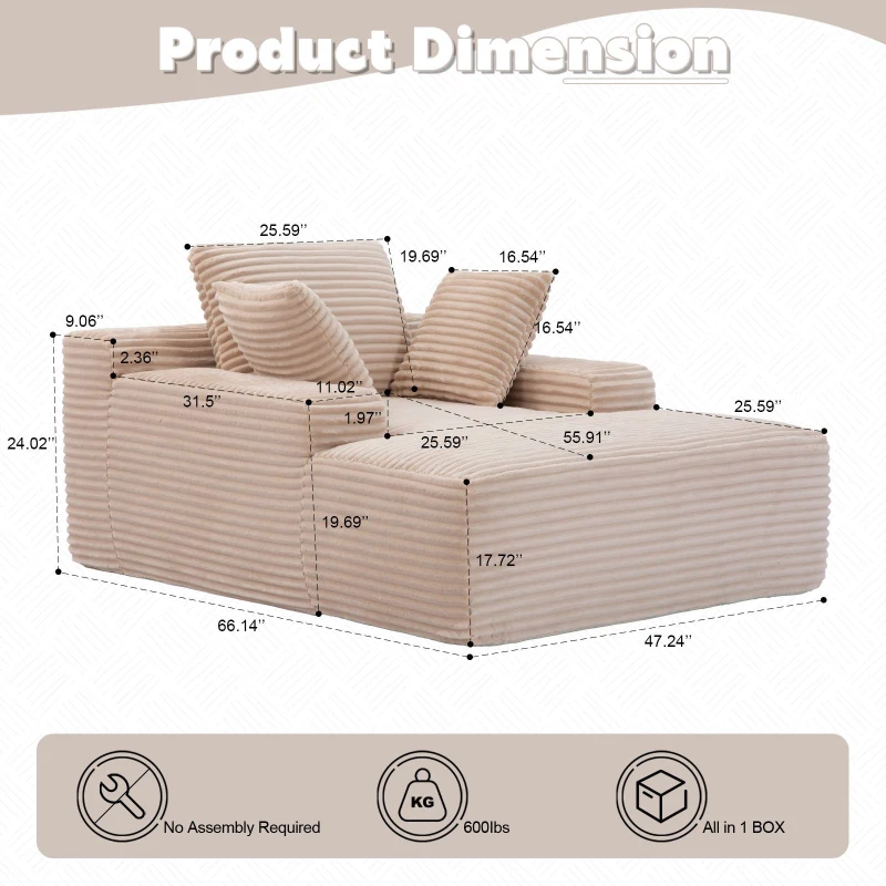 Compressed Sofa Oversized Chaise Lounge Chair with 3 Throw Pillows and Wide Armrest, Modular Sofas for Small Spaces Sleeper Sofa Daybed with Corduroy Fabric, 66'' L x 47'' W x 24'' H, Beige