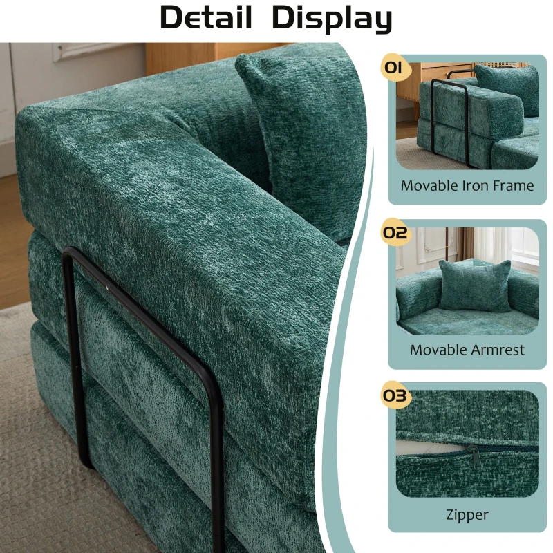 Convertible Sofa Bed Floor Sofa with Fixed-Shape Frame, Chenille Fabric Compressed Sofa for Living Room, 79" L x 39.5" W x 25" H, Dark Green