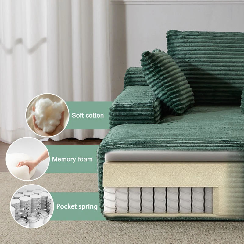 Compressed Sofa Oversized Chaise Lounge Chair with 3 Throw Pillows and Wide Armrest, Modular Sofas for Small Spaces Sleeper Sofa Daybed with Corduroy Fabric, 66'' L x 47'' W x 24'' H, Green
