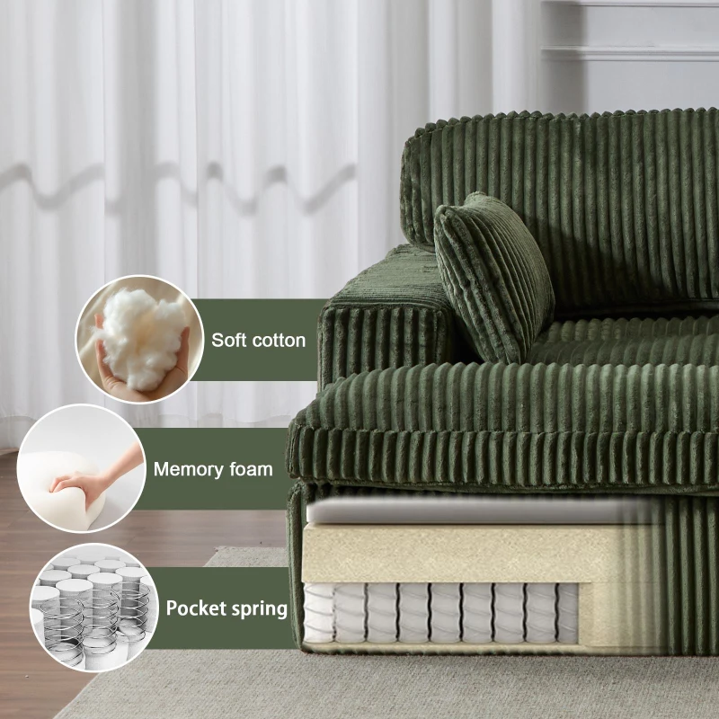 Deep Seat Sofa Double Chaise Lounge Chair with Corduroy Fabric, Compressed Sofa Sectional Loveseat for Apartments, 82.5'' L x 57'' W x 23.5'' H, Green