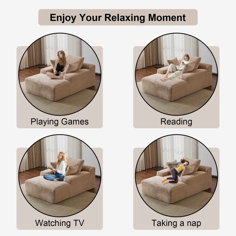 Compressed Sofa Oversized Chaise Lounge Chair with 3 Throw Pillows and Wide Armrest, Modular Sofas for Small Spaces Sleeper Sofa Daybed with Corduroy Fabric, 66'' L x 47'' W x 24'' H, Beige