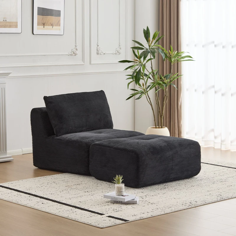Modern Memory Foam Sofa with Movable Ottoman, Corduroy Fabric, Single Chaise Longue for Apartments, 71" L x 36" W x 28.5" H, Black
