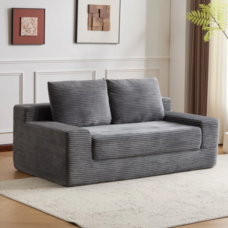 Modern Loveseat Sofa Bed with Reversible Cushion and Pillows, Corduroy Couch for Apartments, 71.5" L x 40.5" W x 25.5" H, Dark Grey