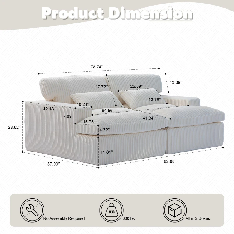 Deep Seat Sofa Double Chaise Lounge Chair with Corduroy Fabric, Compressed Sofa Sectional Loveseat for Apartments, 82.5'' L x 57'' W x 23.5'' H, White