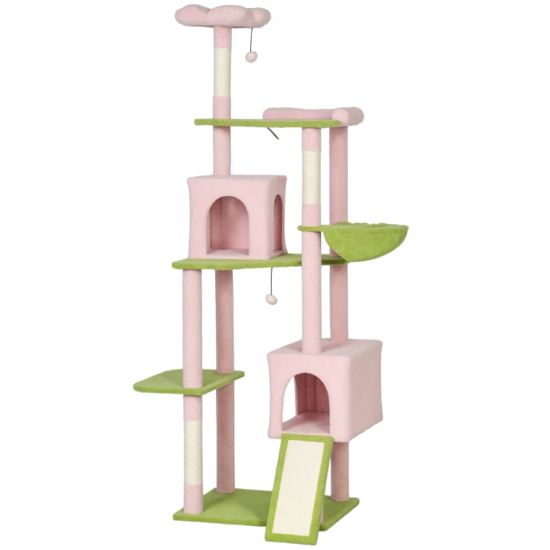 PawHut 74" Flower Cat Tree, Large Cat Tower with Scratching Post & Board for Indoor Cats, Pink