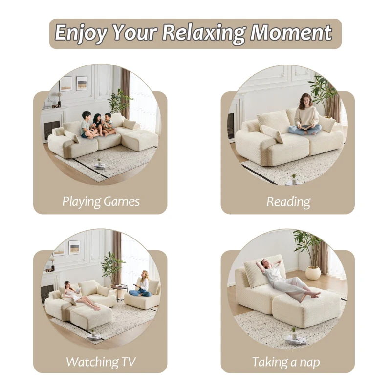 Compressed Sofa Modern Memory Foam Sectional, Pet-Friendly Corduroy Couch, Extra Deep Loveseat for Living Room, 120" L x 71" W x 28.5" H, Beige