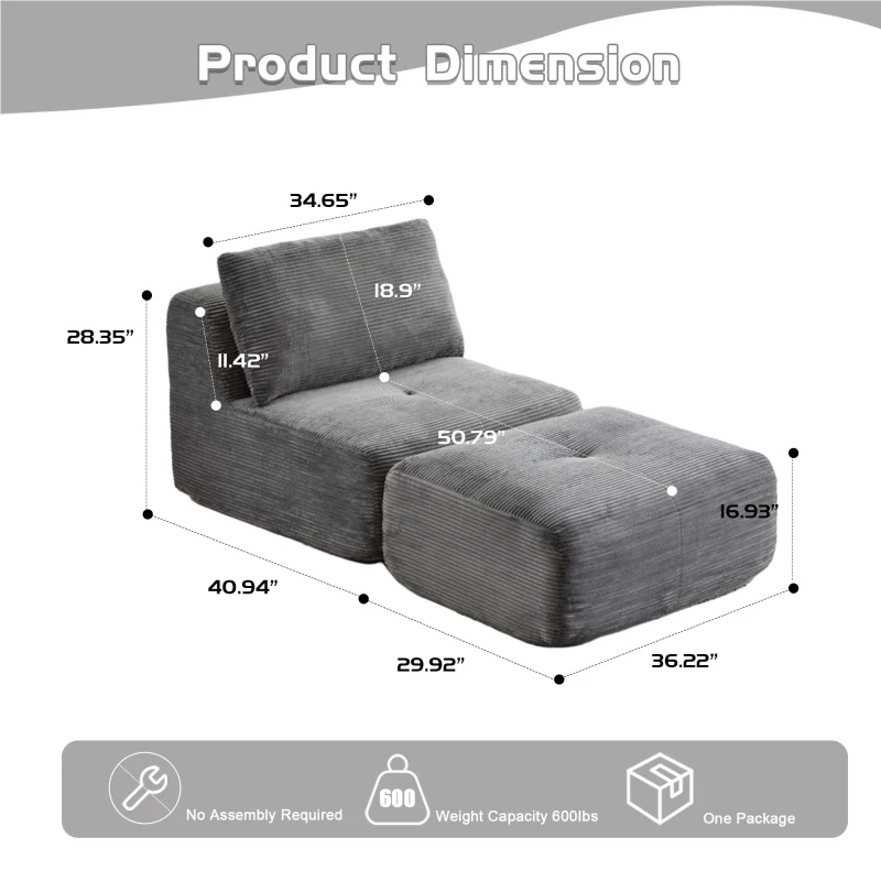 Compressed Sofa Modern Memory Foam Sectional with Pet-Friendly Corduroy Fabric, Modular Sofas for Small Spaces Single Chaise Longue for Apartments, 71" L x 36" W x 28.5" H, Grey