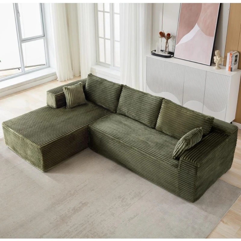 Minimalist Compression Sectional Couch with Comfy Chaise, Modular L Shape Sofa Ideal for Living Rooms, 110'' L x 70.5'' W x 23.5'' H, Green