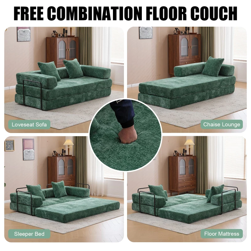 Foldable Sofa Bed Convertible Floor Sofa with Pillow Back Support and Armrest, Compressed Sofa Lounge Sleeper with Chenille Fabric, 77'' L x 37.5'' W x 23.5'' H, Dark Green