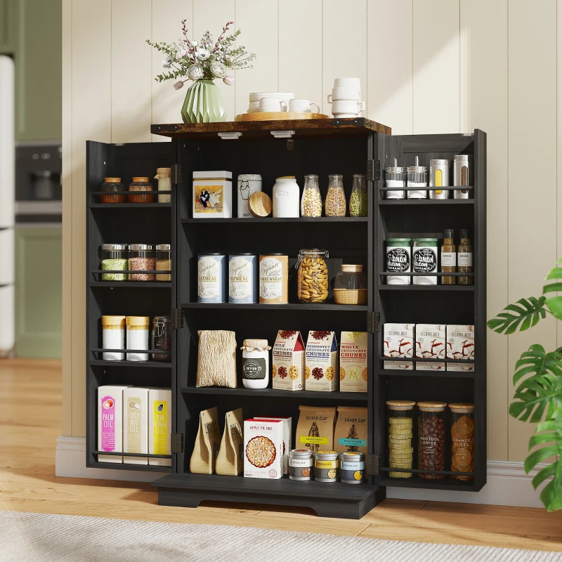 HOMCOM Farmhouse Kitchen Pantry Storage Cabinet, Kitchen Pantry Cabinet with Doors and Adjustable Shelves, Black
