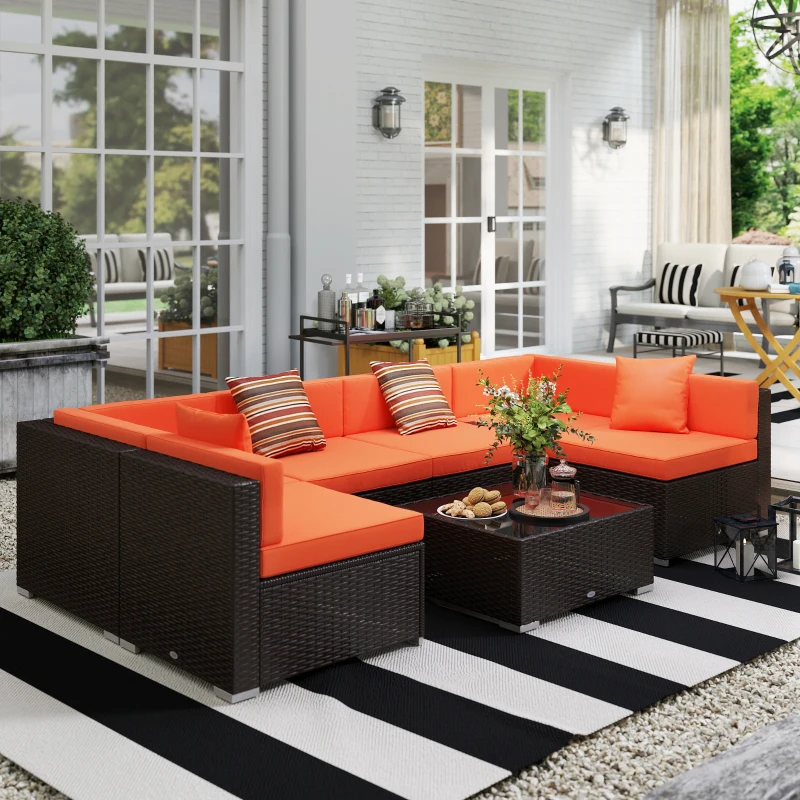 Outsunny 7pcs Garden Wicker Sectional Set w/ Tea Table Patio Rattan Lounge Sofa with Cushion for Outdoor Deck Orange