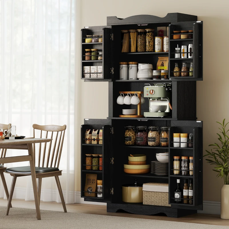 HOMCOM 73" Kitchen Pantry Cabinet, Freestanding Kitchen Hutch with 12 Door Shelves, Adjustable Shelves, Microwave Stand, Black