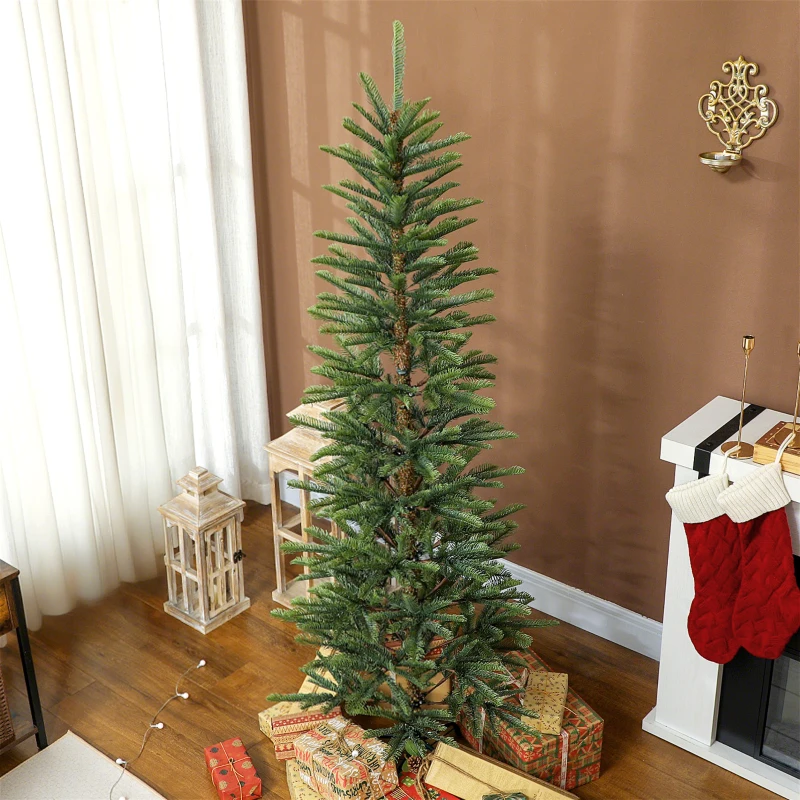 HOMCOM 6 ft Artificial Fir Pencil Christmas Tree, Hinged Xmas Tree with 442 Branch Tips and Metal Stand, Easy Assembly, Green