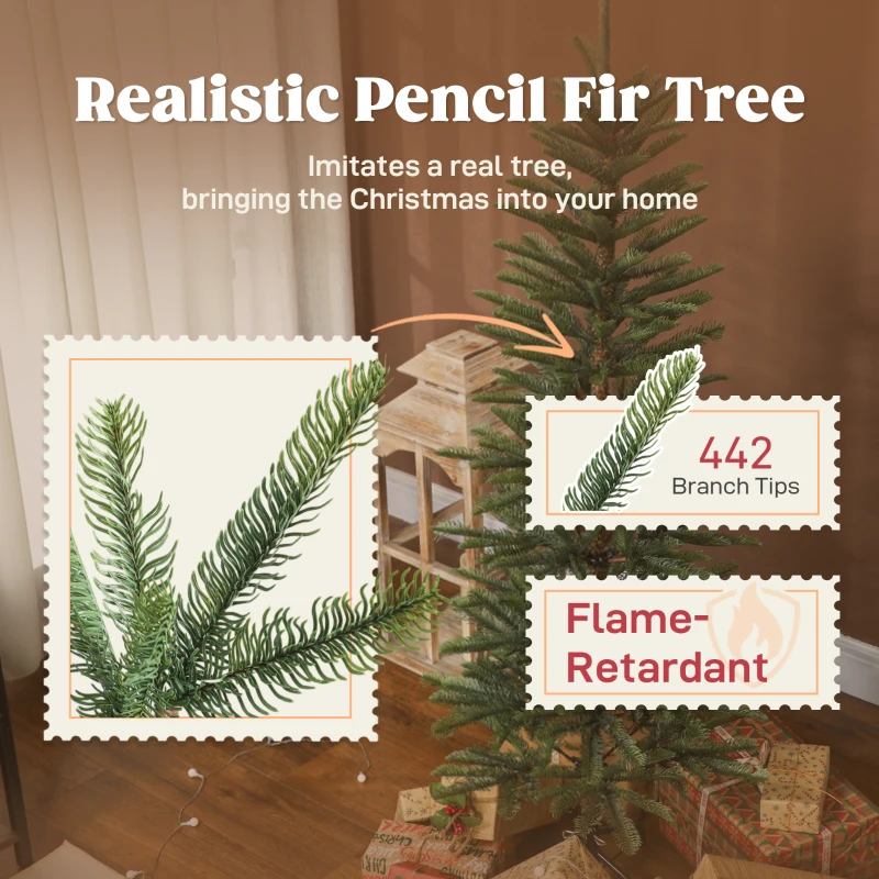 HOMCOM 6 ft Artificial Fir Pencil Christmas Tree, Hinged Xmas Tree with 442 Branch Tips and Metal Stand, Easy Assembly, Green
