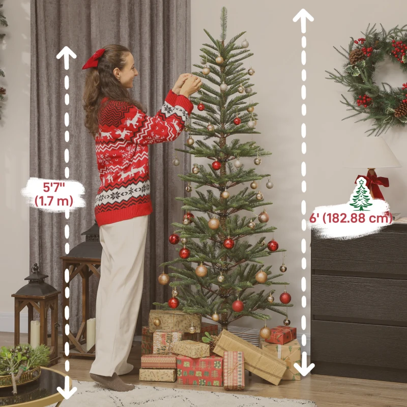 HOMCOM 6 ft Artificial Fir Pencil Christmas Tree, Hinged Xmas Tree with 442 Branch Tips and Metal Stand, Easy Assembly, Green