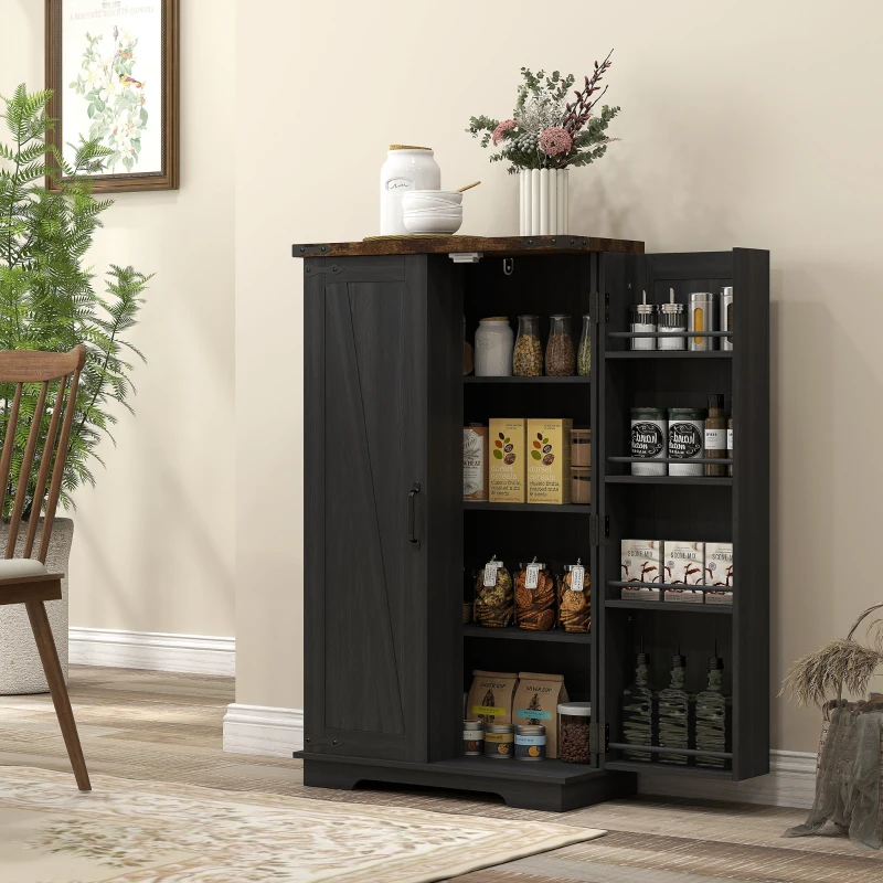 HOMCOM Farmhouse Kitchen Pantry Storage Cabinet, Kitchen Pantry Cabinet with Doors and Adjustable Shelves, Black