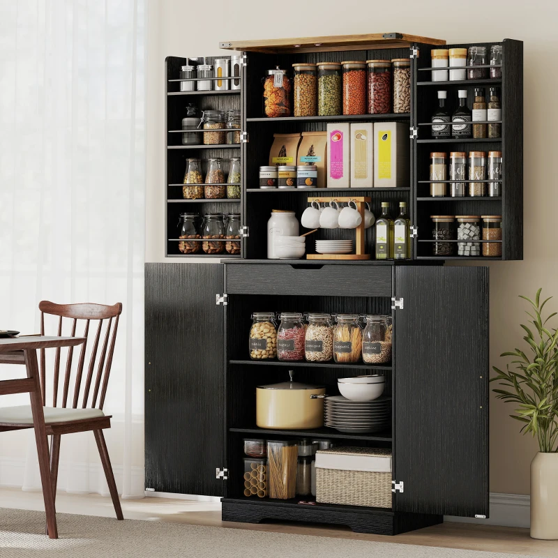 HOMCOM 72" Kitchen Pantry Cabinet, Farmhouse Storage Cabinet with 4 Doors, Drawer, 8 Door Shelves and Adjustable Shelf, Black