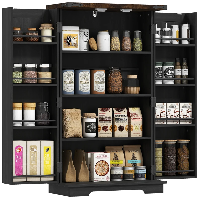 HOMCOM Farmhouse Kitchen Pantry Storage Cabinet, Kitchen Pantry Cabinet with Doors and Adjustable Shelves, Black