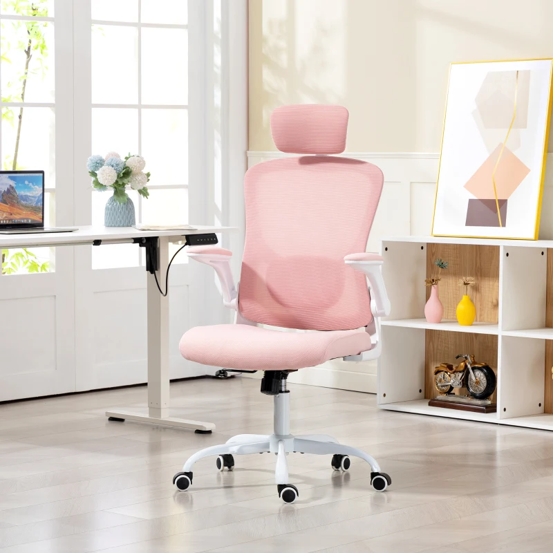 HOMCOM Ergonomic Office Chair, Mesh Desk Chair with Adjustable Headrest, Lumbar Support and Height, Flip-Up Armrests, Pink