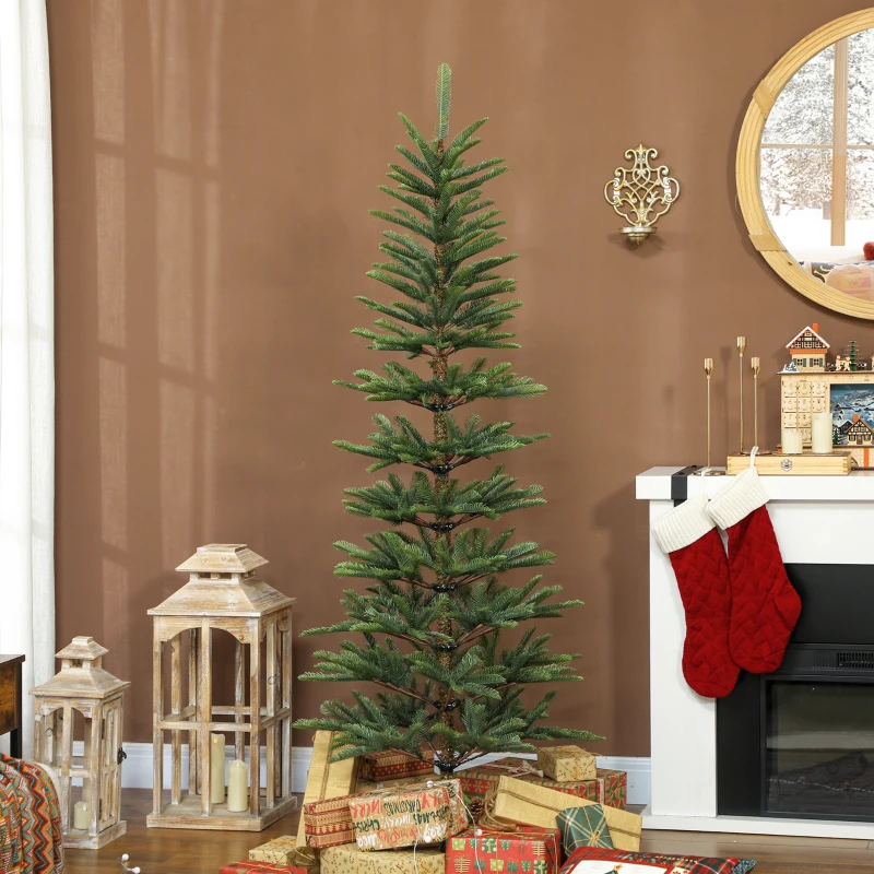 HOMCOM 6 ft Artificial Fir Pencil Christmas Tree, Hinged Xmas Tree with 442 Branch Tips and Metal Stand, Easy Assembly, Green
