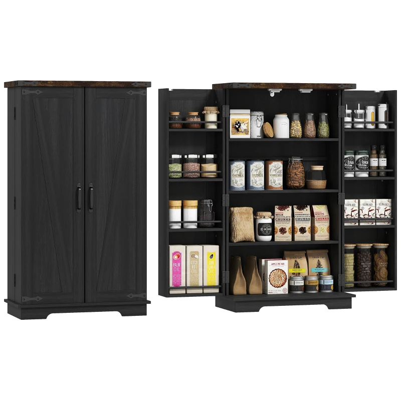 HOMCOM Farmhouse Kitchen Pantry Storage Cabinet, Kitchen Pantry Cabinet with Doors and Adjustable Shelves, Black