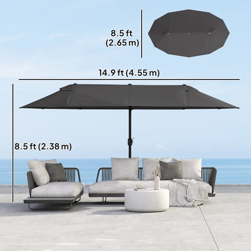 Outsunny 15ft Double-sided Outdoor Sun Umbrella with Twin Canopy, Outdoor Parasol with Crank for Pool, Deck, Black