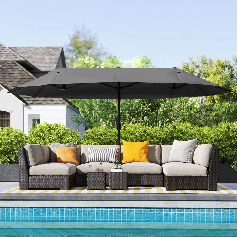 Outsunny 15ft Double-sided Outdoor Sun Umbrella with Twin Canopy, Outdoor Parasol with Crank for Pool, Deck, Black
