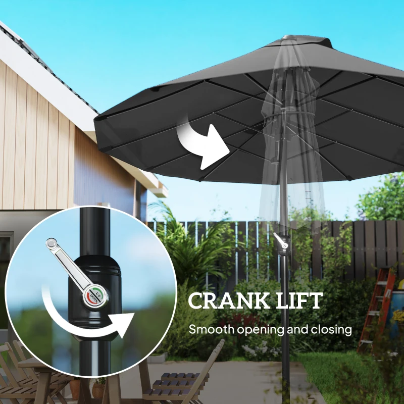 Outsunny 15ft Double-sided Outdoor Sun Umbrella with Twin Canopy, Outdoor Parasol with Crank for Pool, Deck, Black