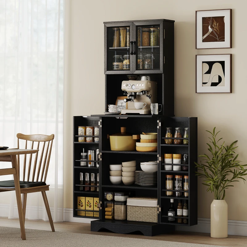HOMCOM 71" Kitchen Pantry Cabinet, Freestanding Kitchen Hutch with 8 Door Shelves, Adjustable Shelf and Acrylic Doors, Black