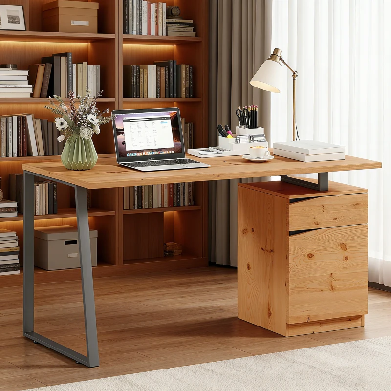 HOMCOM 53 Inch Computer Desk, Writing Table with Cabinet, Drawer, Adjustable Shelf for Home Office Study, Natural Wood