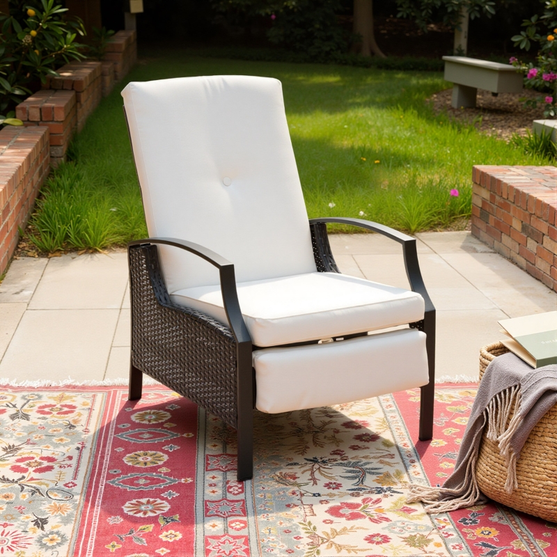 Outsunny Outdoor Rattan Recliner Chair, Wicker Reclining Chair with Adjustable Back Retractable Footrest Cushion White